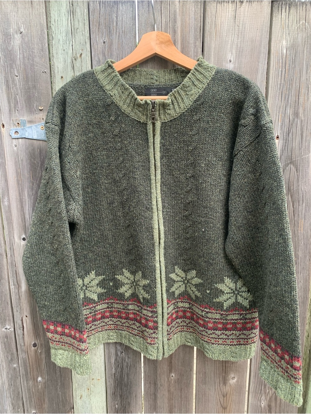 vtg ONE ON ONE 100% Shetland Wool Fair Isle Full-Zip Cardigan L